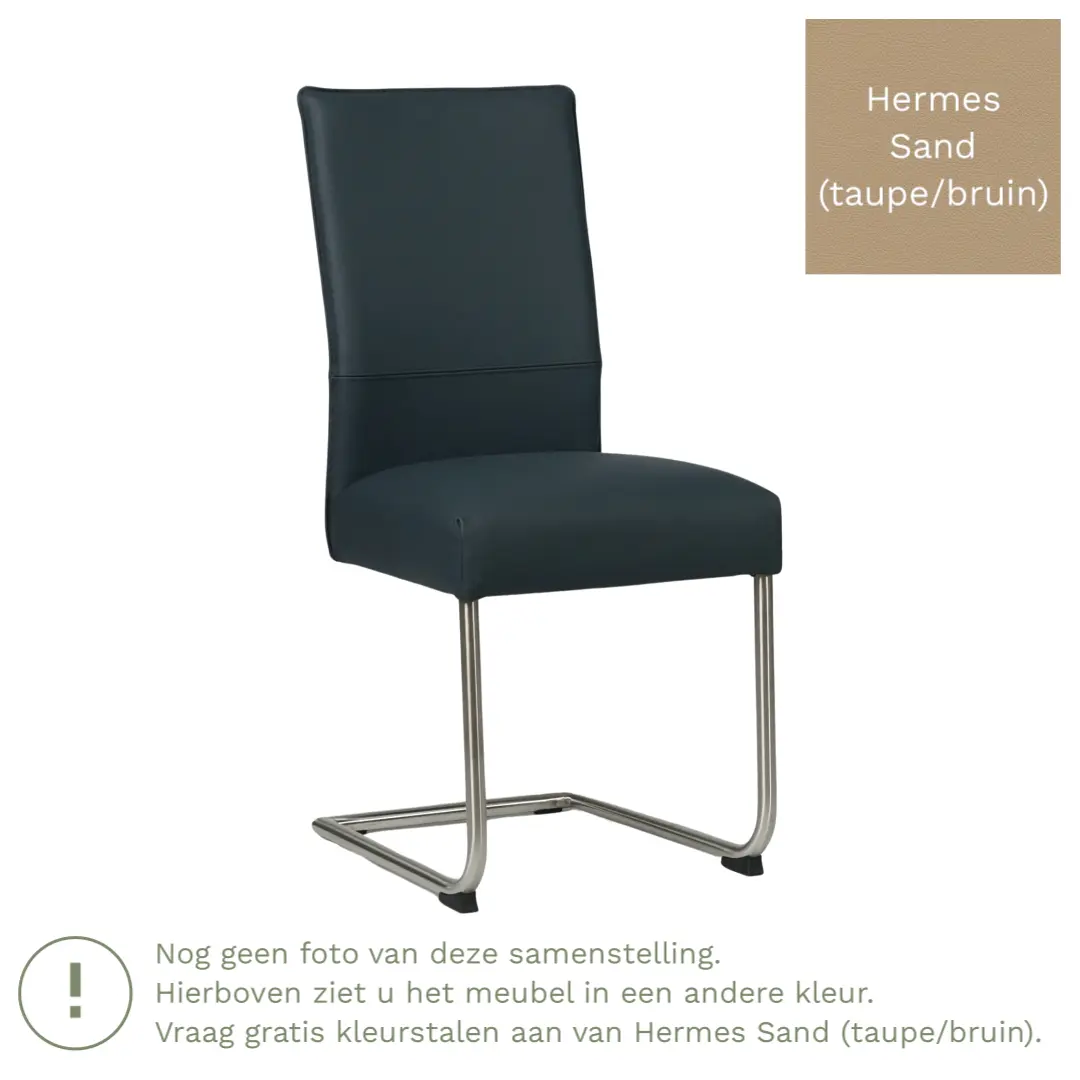 afbeelding van Leren eetkamerstoel Piece - Hermes Sand (taupe/bruin) - Sledepoot staal rond RVS