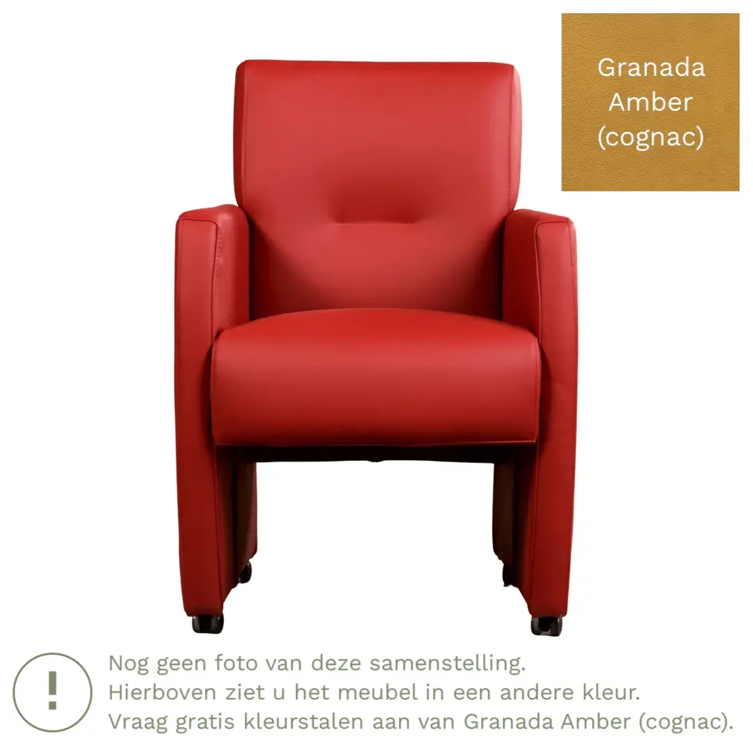 afbeelding van Leren eetkamerstoel Pleasure - Granada Amber (cognac) - Met handgreep RVS