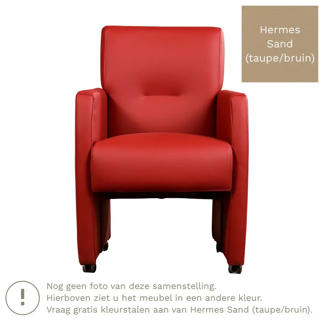 afbeelding van Leren eetkamerstoel Pleasure - Hermes Sand (taupe/bruin) - Met handgreep RVS