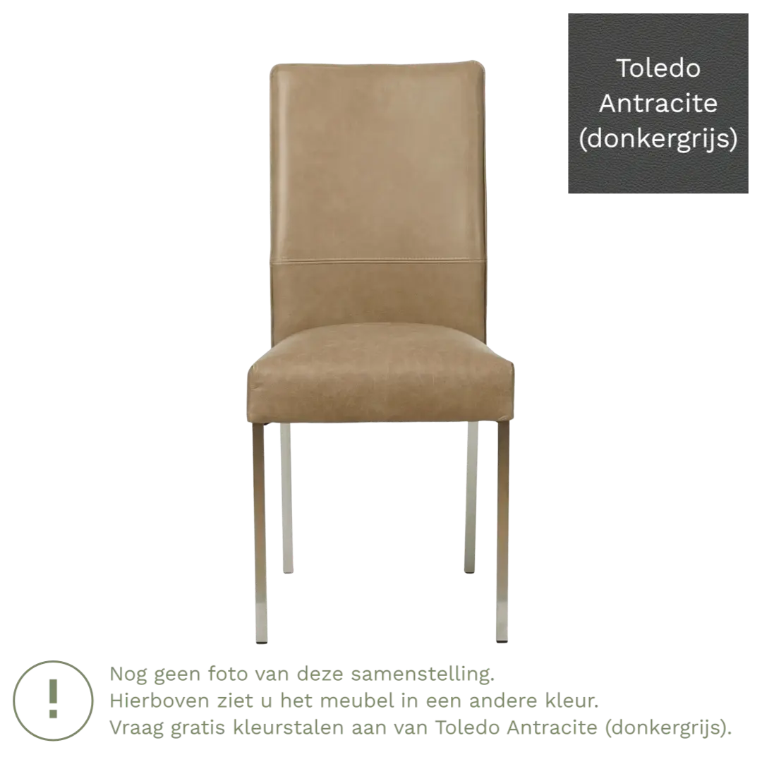 afbeelding van Leren eetkamerstoel Real - Toledo Antracite (donkergrijs) - Poten staal vierkant RVS