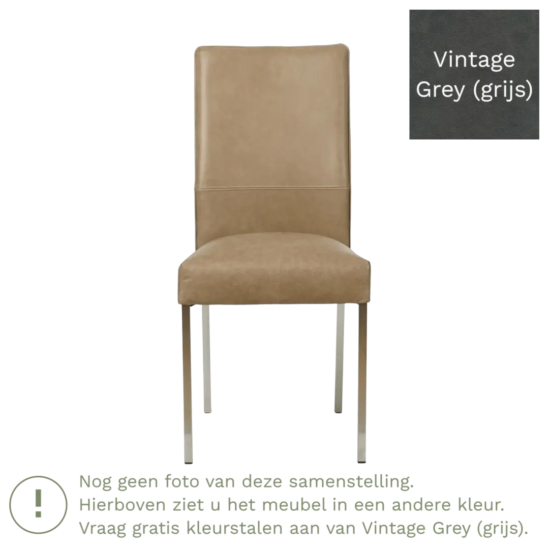 afbeelding van Leren eetkamerstoel Real - Vintage Grey (grijs) - Poten staal vierkant RVS