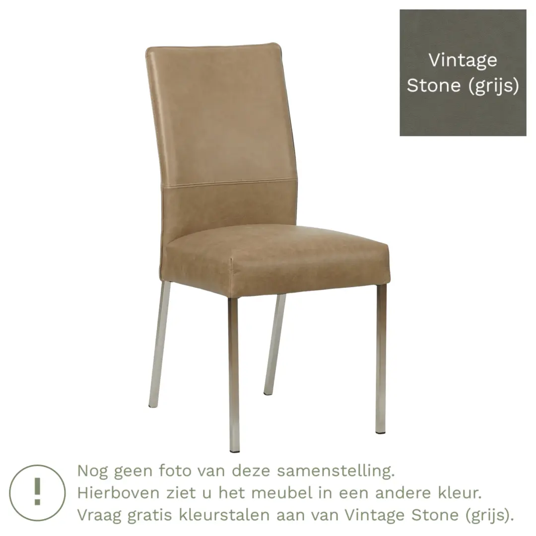 afbeelding van Leren eetkamerstoel Real - Vintage Stone (grijs) - Poten staal vierkant zwart