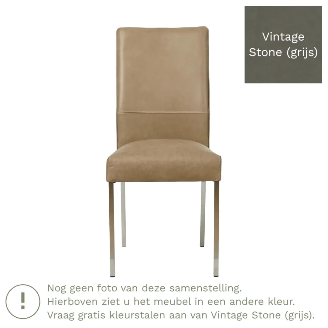 afbeelding van Leren eetkamerstoel Real - Vintage Stone (grijs) - Poten staal vierkant zwart