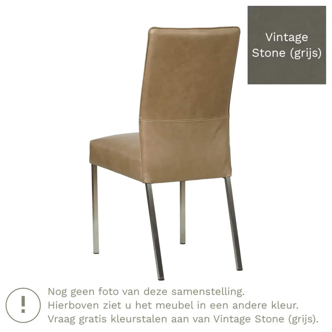 afbeelding van Leren eetkamerstoel Real - Vintage Stone (grijs) - Poten staal vierkant zwart