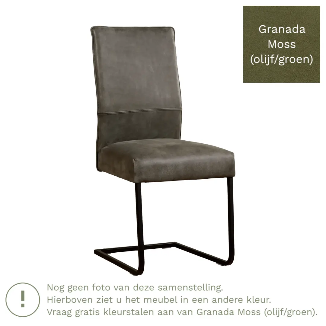 afbeelding van Leren eetkamerstoel Remix - Granada Moss (olijf/groen) - Sledepoot staal vierkant zwart