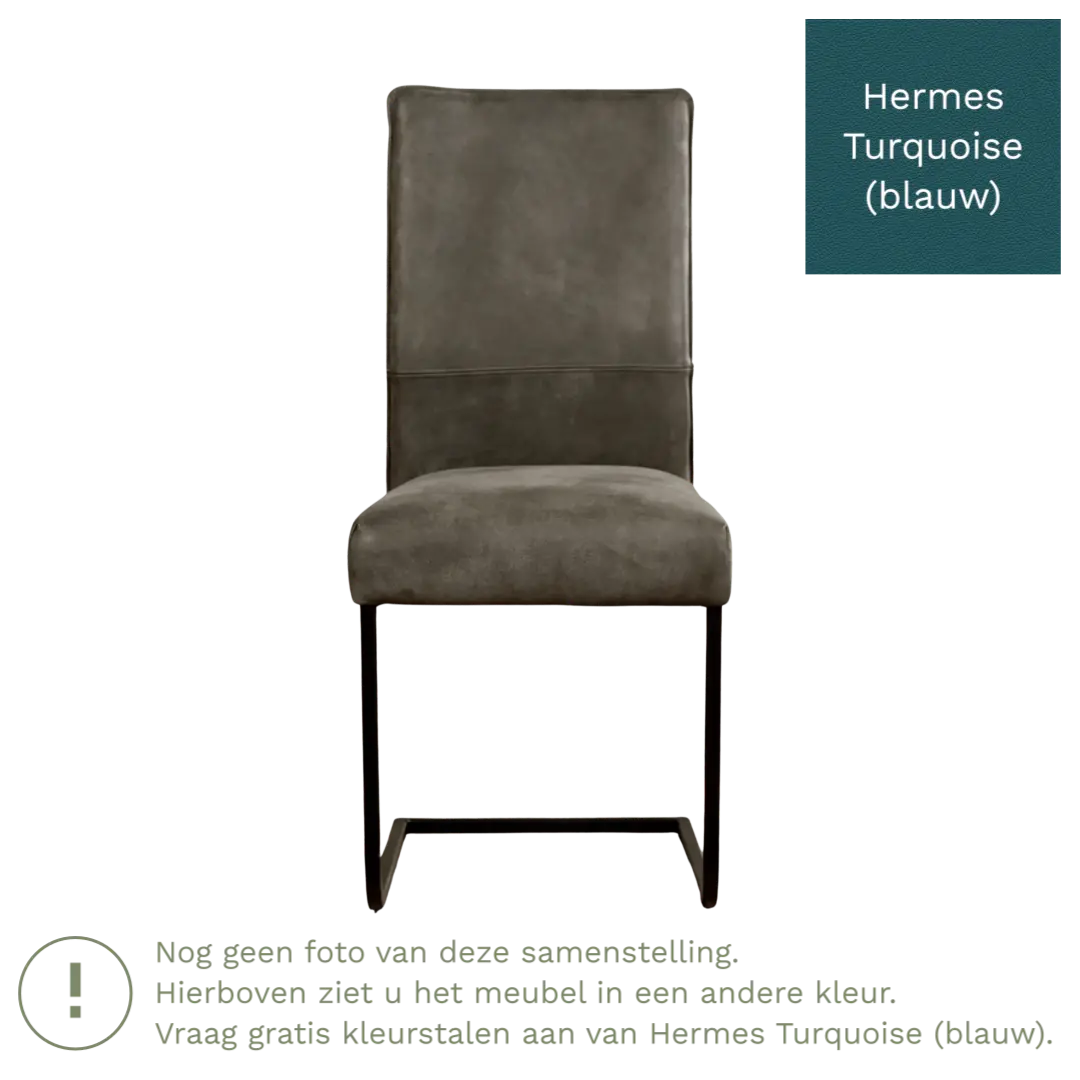 afbeelding van Leren eetkamerstoel Remix - Hermes Turquoise (blauw) - Sledepoot staal vierkant RVS