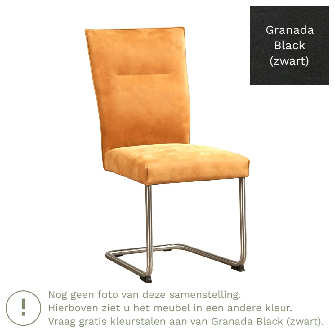 afbeelding van Leren eetkamerstoel Retro - Granada Black (zwart) - Sledepoot staal rond RVS