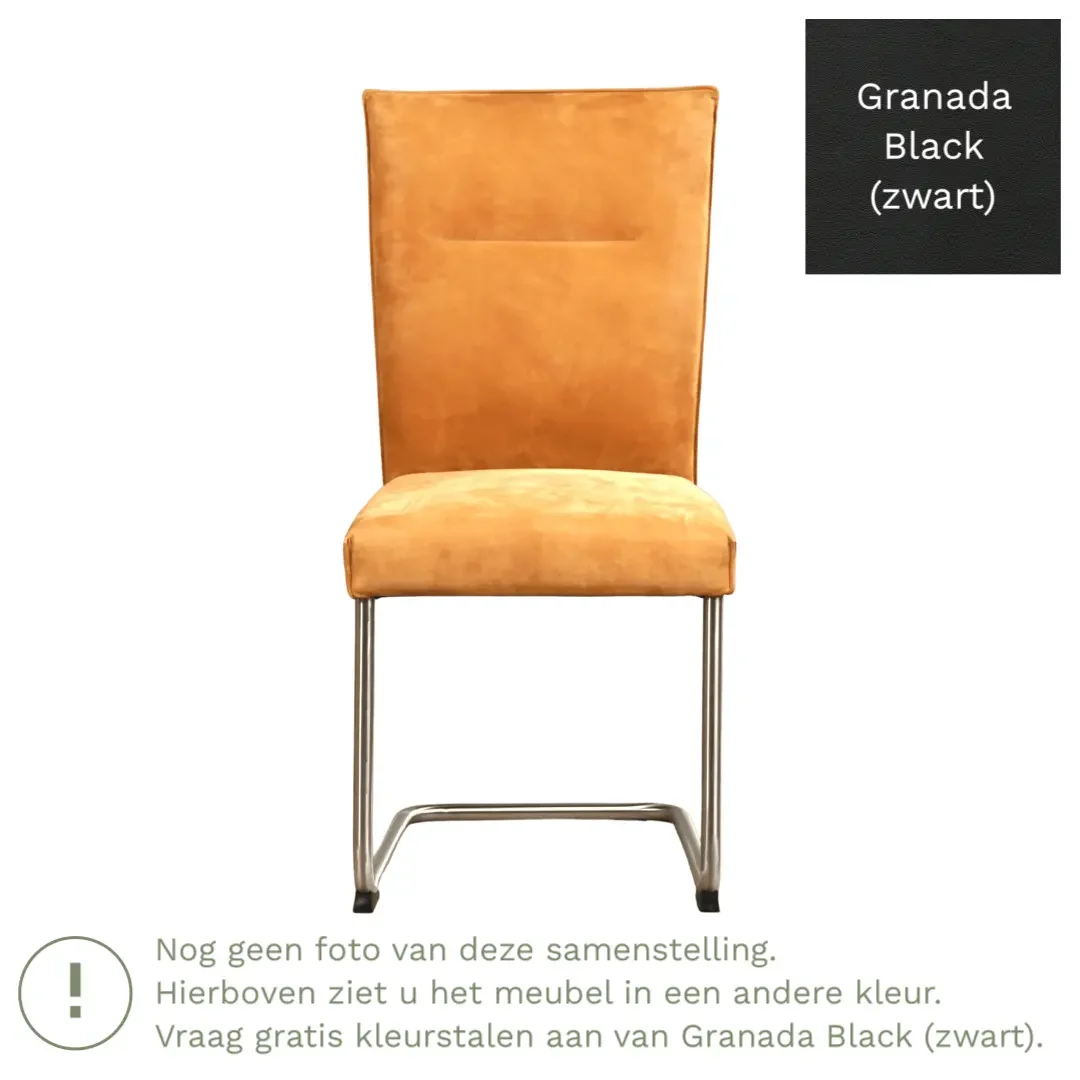 afbeelding van Leren eetkamerstoel Retro - Granada Black (zwart) - Sledepoot staal rond RVS