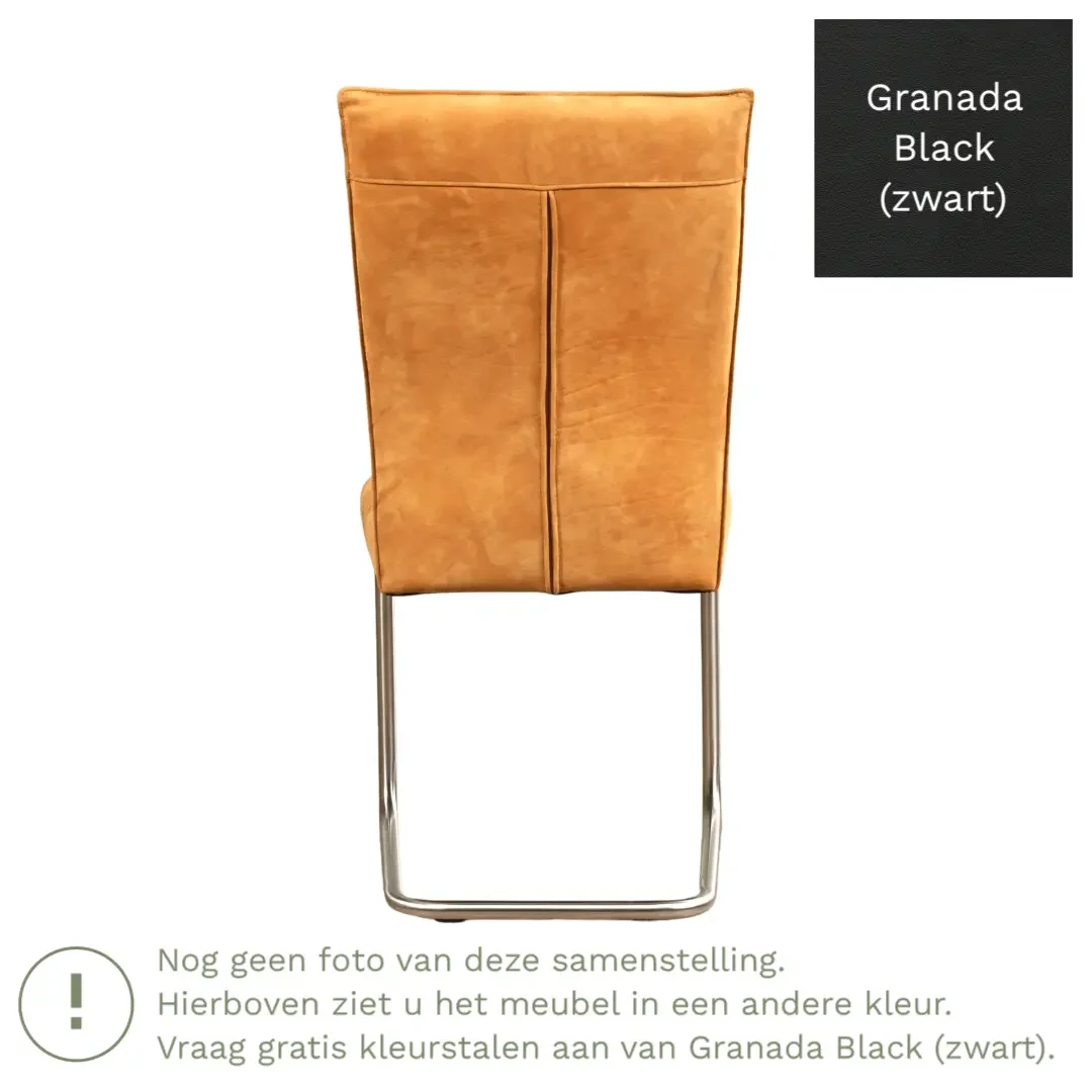 afbeelding van Leren eetkamerstoel Retro - Granada Black (zwart) - Sledepoot staal rond RVS
