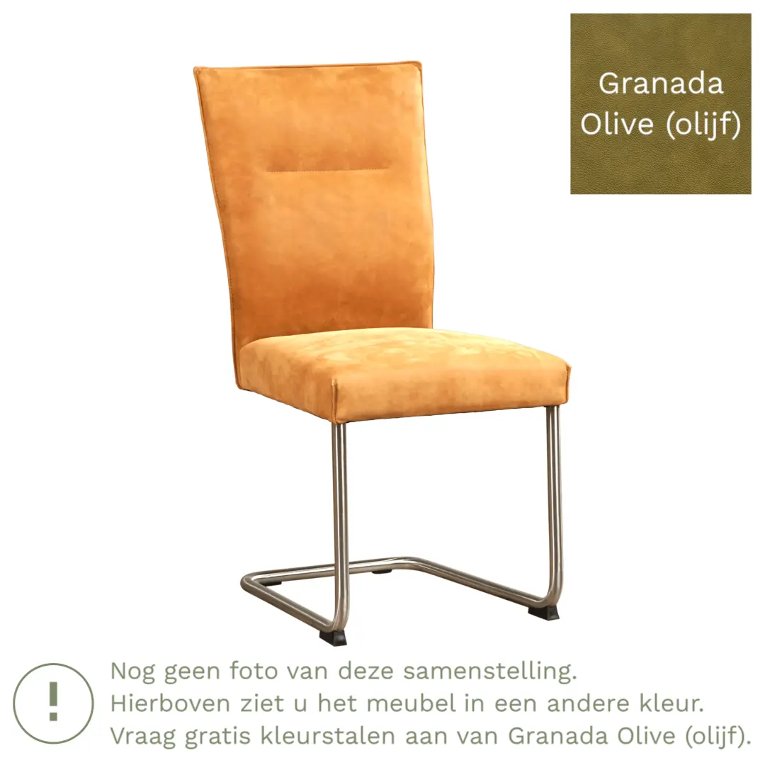 afbeelding van Leren eetkamerstoel Retro - Granada Olive (olijf) - Sledepoot staal rond RVS