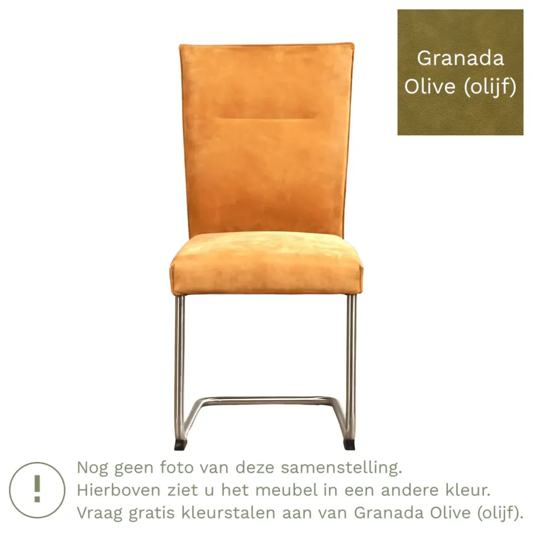 afbeelding van Leren eetkamerstoel Retro - Granada Olive (olijf) - Sledepoot staal rond RVS