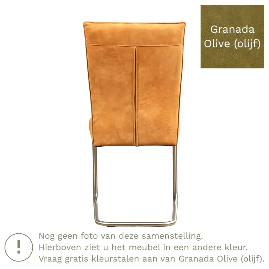 afbeelding van Leren eetkamerstoel Retro - Granada Olive (olijf) - Sledepoot staal rond RVS