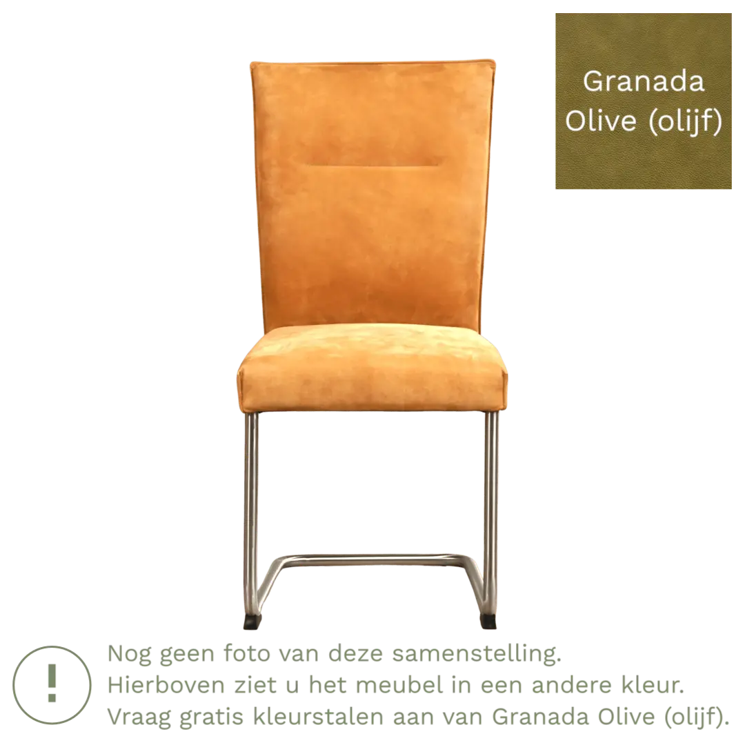afbeelding van Leren eetkamerstoel Retro - Granada Olive (olijf) - Sledepoot staal rond zwart