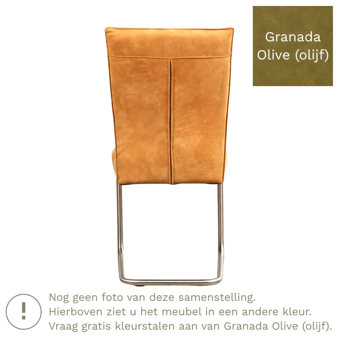 afbeelding van Leren eetkamerstoel Retro - Granada Olive (olijf) - Sledepoot staal rond zwart