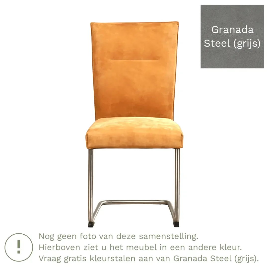afbeelding van Leren eetkamerstoel Retro - Granada Steel (grijs) - Sledepoot staal rond RVS