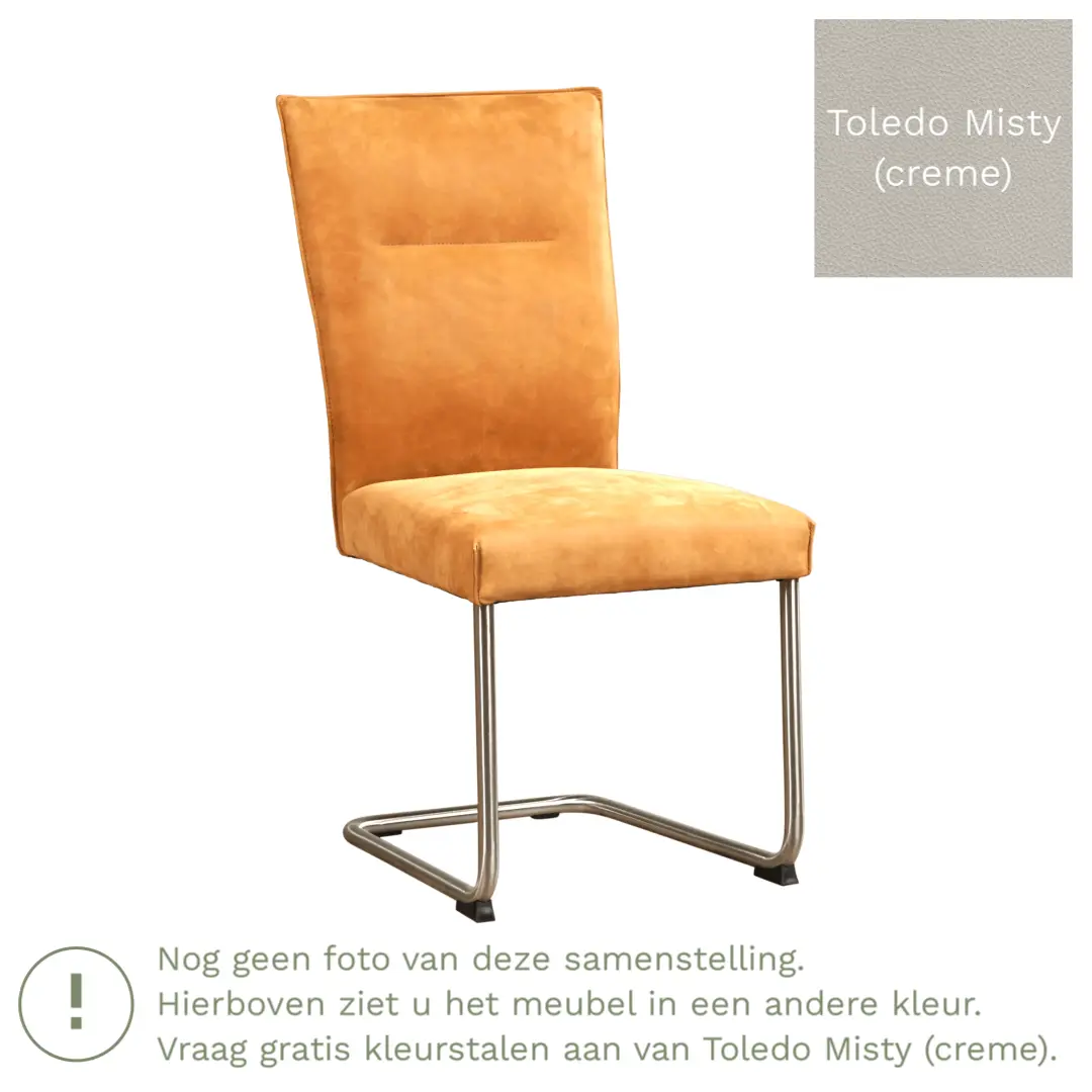 afbeelding van Leren eetkamerstoel Retro - Toledo Misty (crème) - Sledepoot staal rond RVS