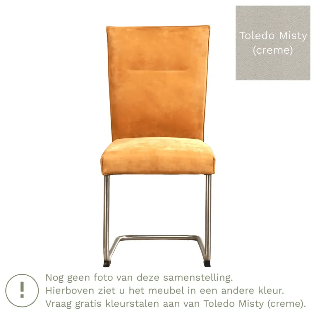 afbeelding van Leren eetkamerstoel Retro - Toledo Misty (crème) - Sledepoot staal rond RVS