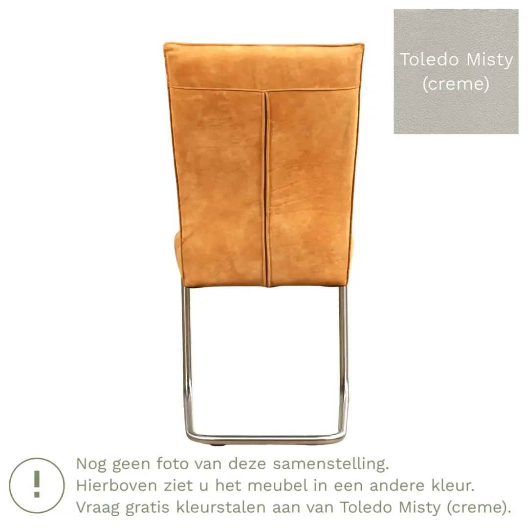 afbeelding van Leren eetkamerstoel Retro - Toledo Misty (crème) - Sledepoot staal rond RVS