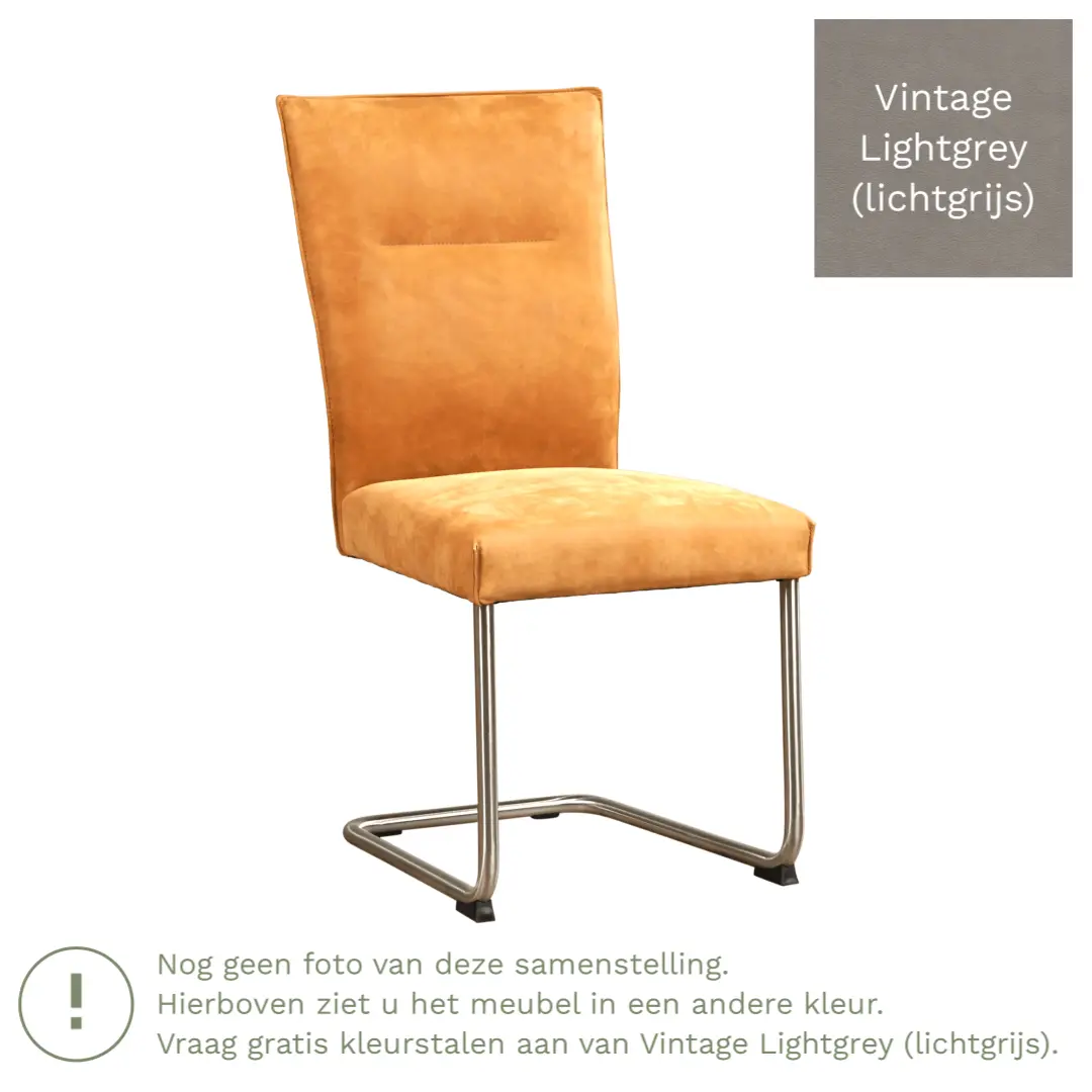 afbeelding van Leren eetkamerstoel Retro - Vintage Lightgrey (lichtgrijs) - Sledepoot staal rond RVS