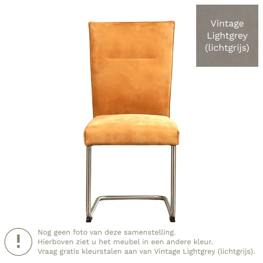 afbeelding van Leren eetkamerstoel Retro - Vintage Lightgrey (lichtgrijs) - Sledepoot staal rond RVS