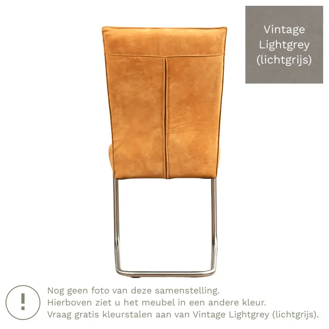 afbeelding van Leren eetkamerstoel Retro - Vintage Lightgrey (lichtgrijs) - Sledepoot staal rond RVS
