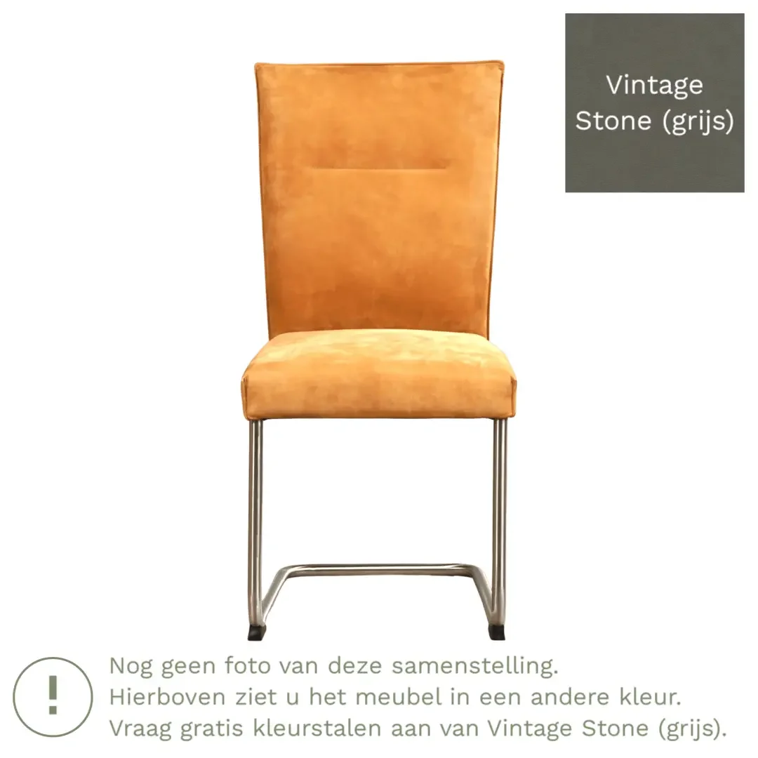 afbeelding van Leren eetkamerstoel Retro - Vintage Stone (grijs) - Sledepoot staal rond RVS