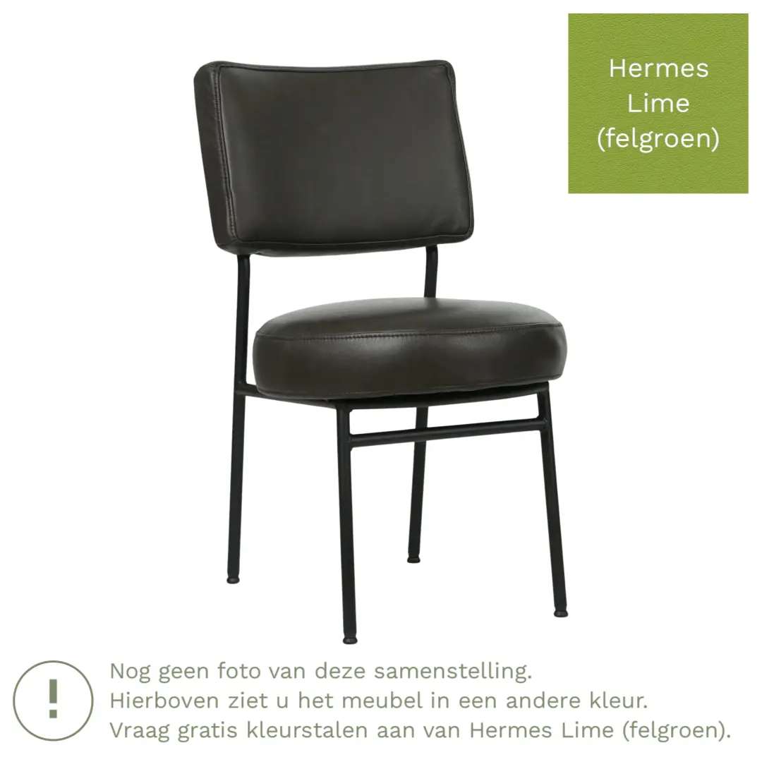 afbeelding van Leren eetkamerstoel Rondo - Hermes Lime (felgroen) - Poten staal rond zwart