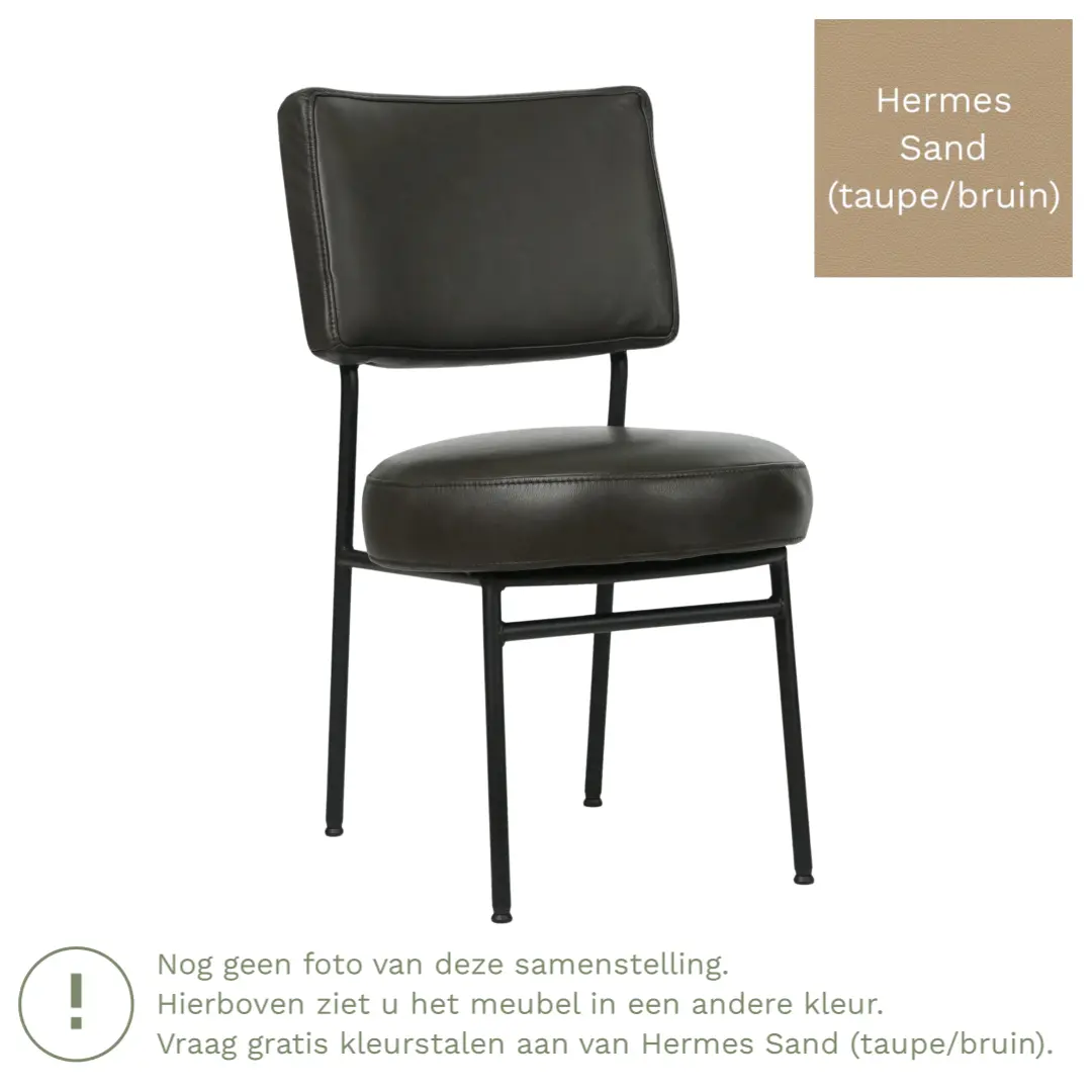 afbeelding van Leren eetkamerstoel Rondo - Hermes Sand (taupe/bruin) - Poten staal rond zwart