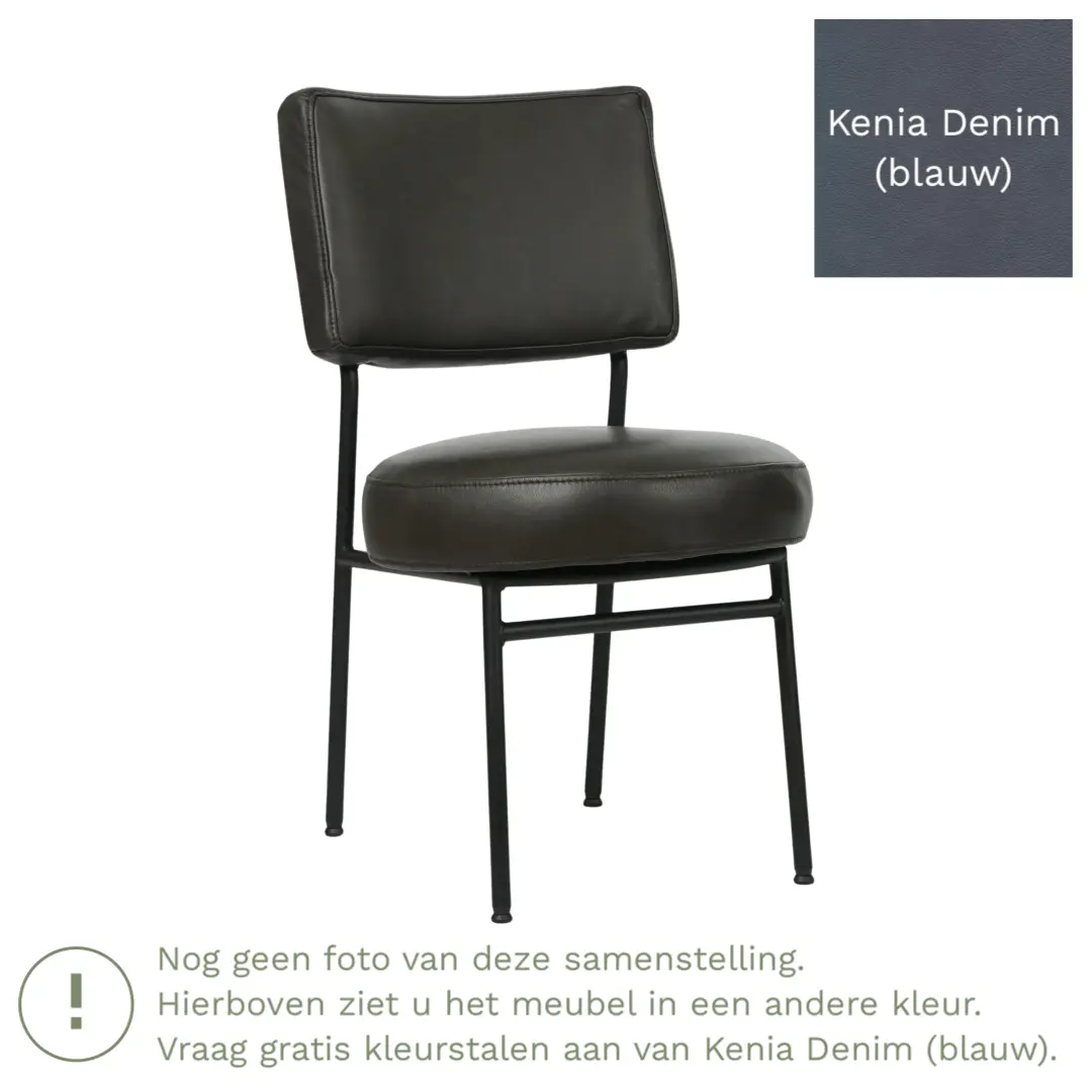 afbeelding van Leren eetkamerstoel Rondo - Kenia Denim (blauw) - Poten staal rond zwart