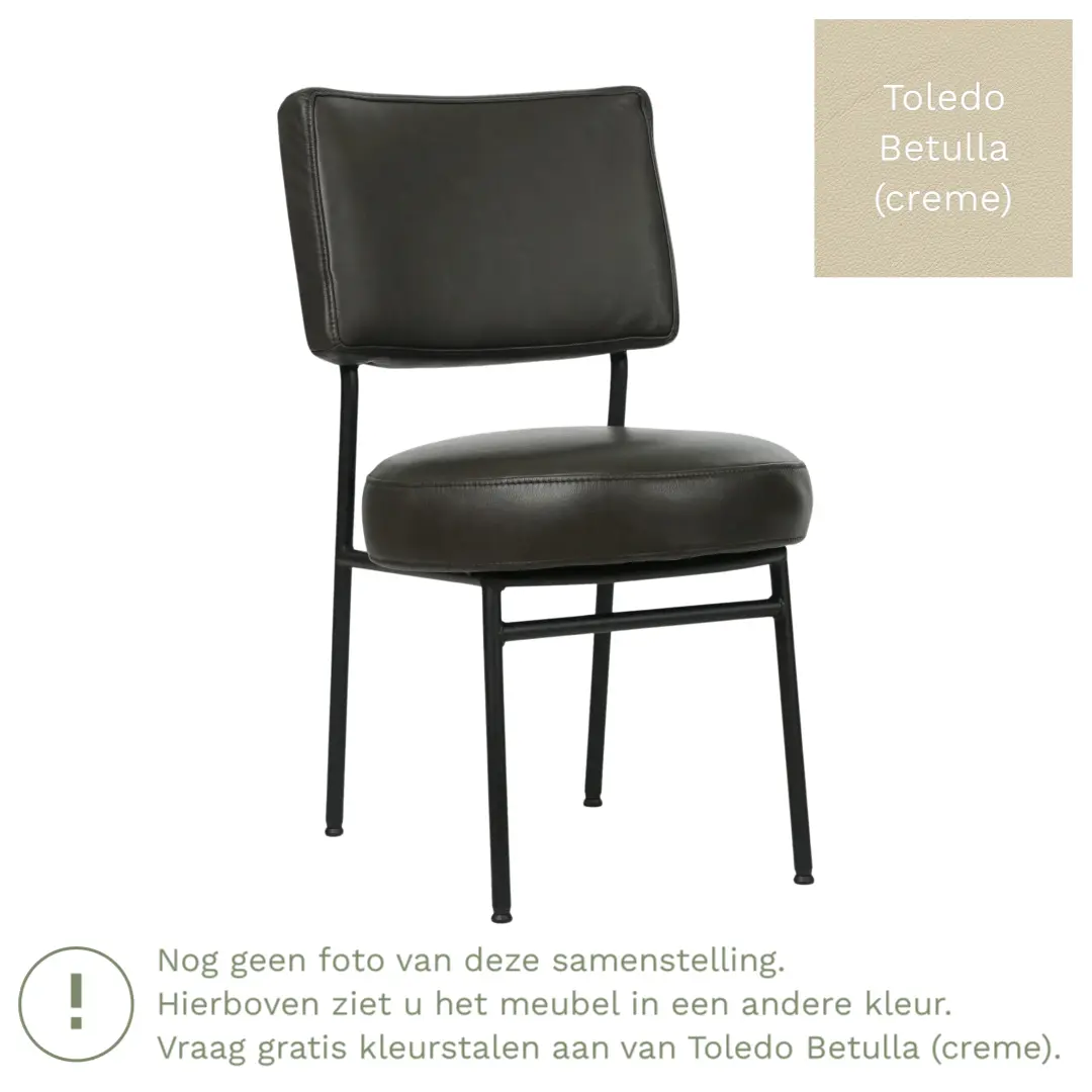 afbeelding van Leren eetkamerstoel Rondo - Toledo Betulla (crème) - Poten staal rond zwart