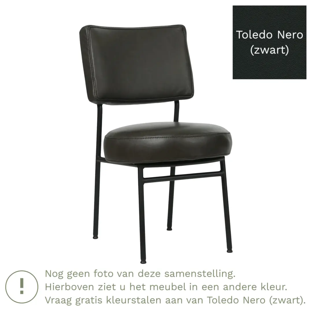 afbeelding van Leren eetkamerstoel Rondo - Toledo Nero (zwart) - Poten staal rond zwart