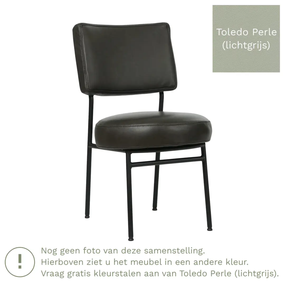 afbeelding van Leren eetkamerstoel Rondo - Toledo Perle (lichtgrijs) - Poten staal rond zwart