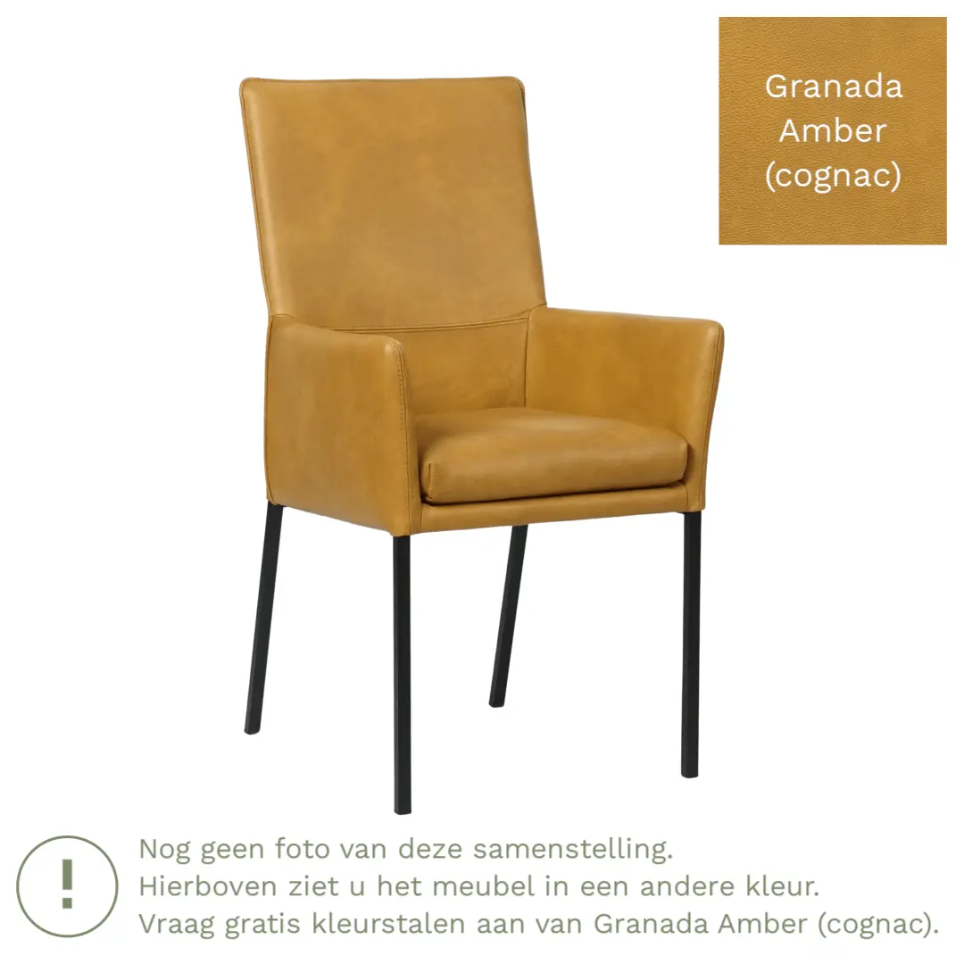afbeelding van Leren eetkamerstoel Royal - Granada Amber (cognac) - Poten staal vierkant RVS