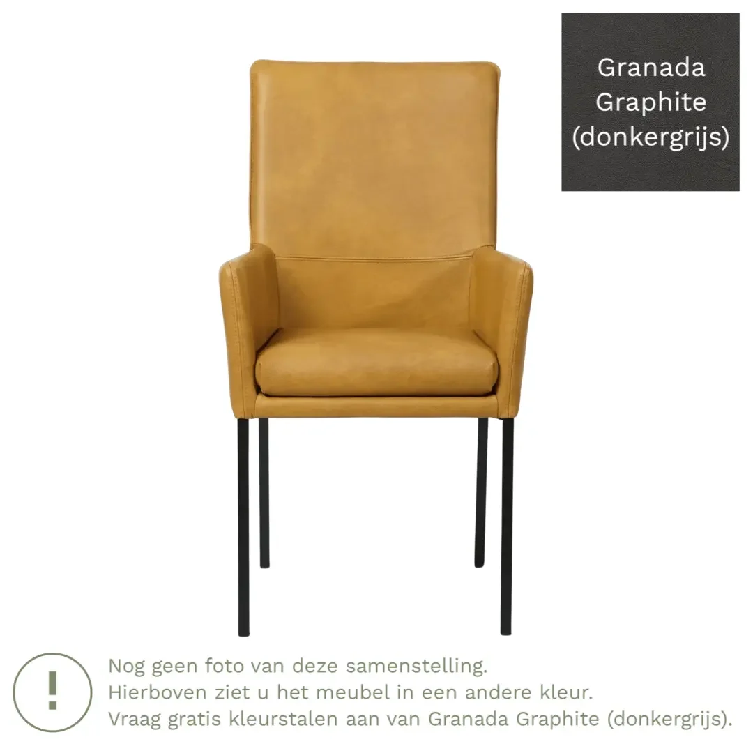 afbeelding van Leren eetkamerstoel Royal - Granada Graphite (donkergrijs) - Poten staal vierkant RVS
