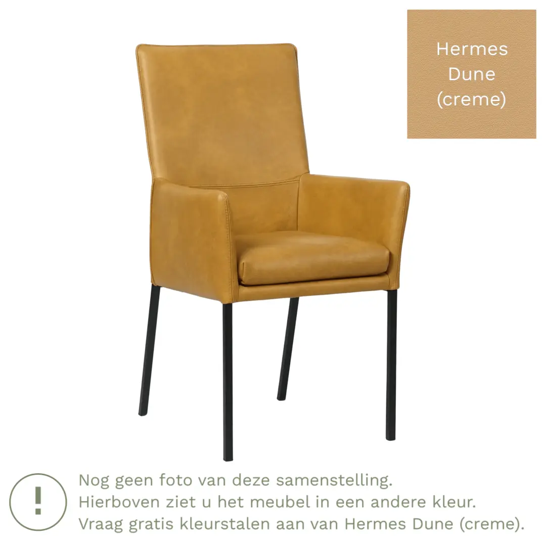 afbeelding van Leren eetkamerstoel Royal - Hermes Dune (crème) - Poten staal vierkant RVS