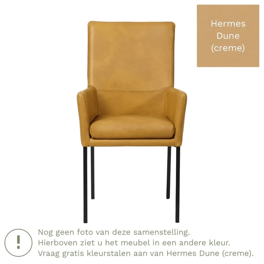 afbeelding van Leren eetkamerstoel Royal - Hermes Dune (crème) - Poten staal vierkant RVS