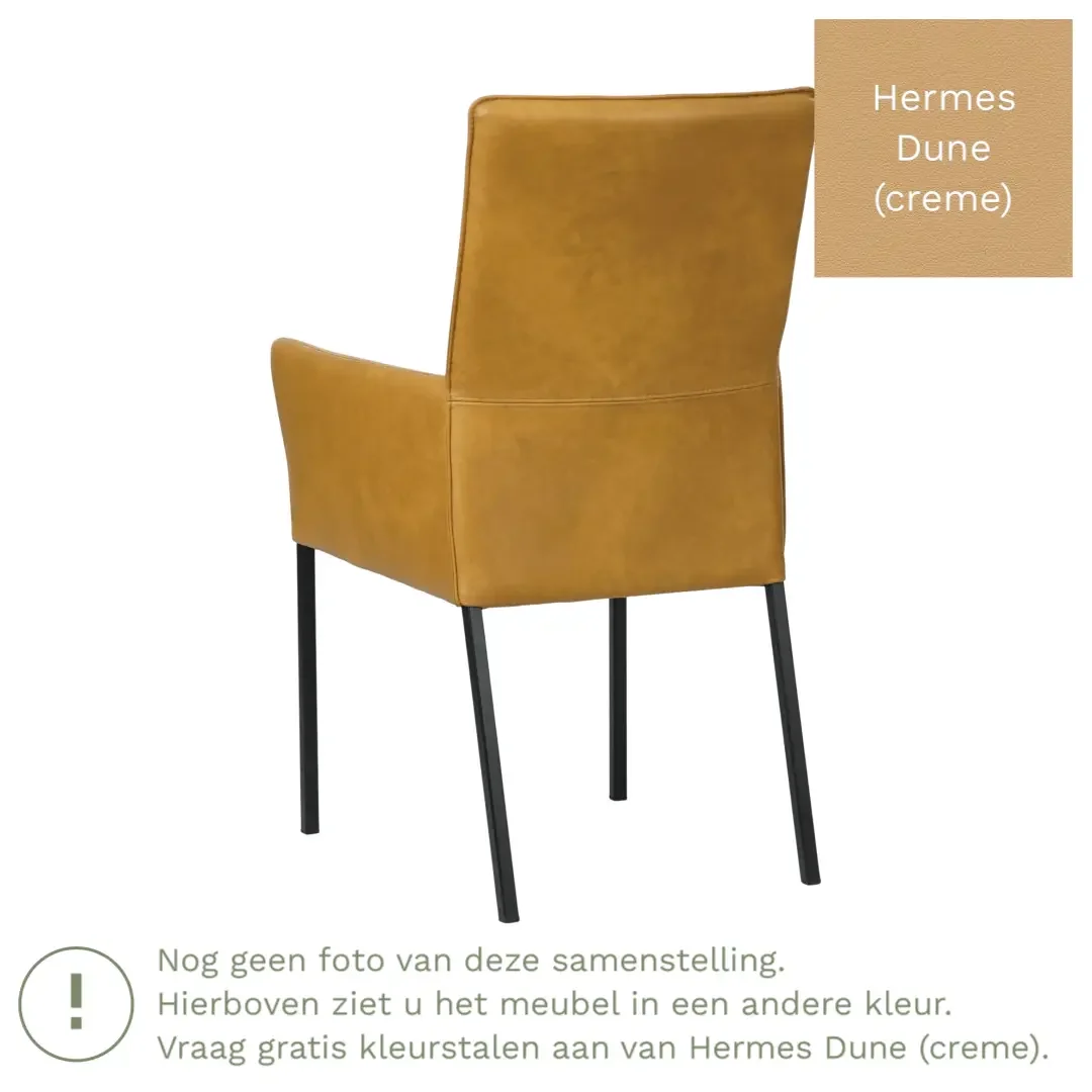 afbeelding van Leren eetkamerstoel Royal - Hermes Dune (crème) - Poten staal vierkant RVS