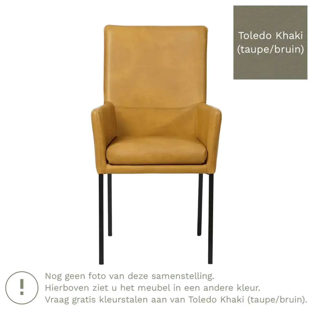 afbeelding van Leren eetkamerstoel Royal - Toledo Khaki (taupe/bruin) - Poten staal vierkant RVS