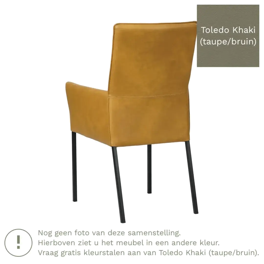 afbeelding van Leren eetkamerstoel Royal - Toledo Khaki (taupe/bruin) - Poten staal vierkant RVS