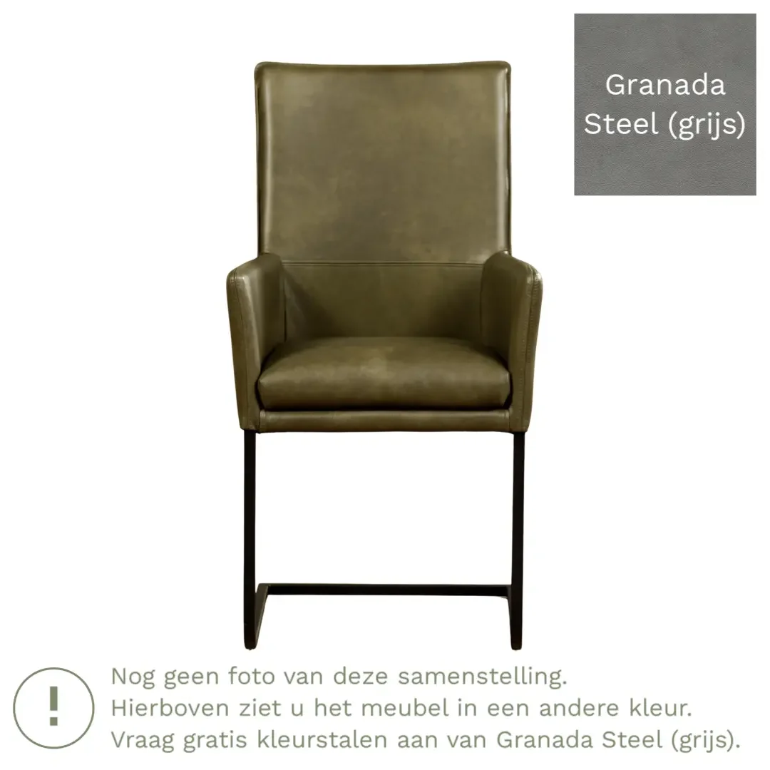 afbeelding van Leren eetkamerstoel Ruler - Granada Steel (grijs) - Sledepoot staal vierkant RVS