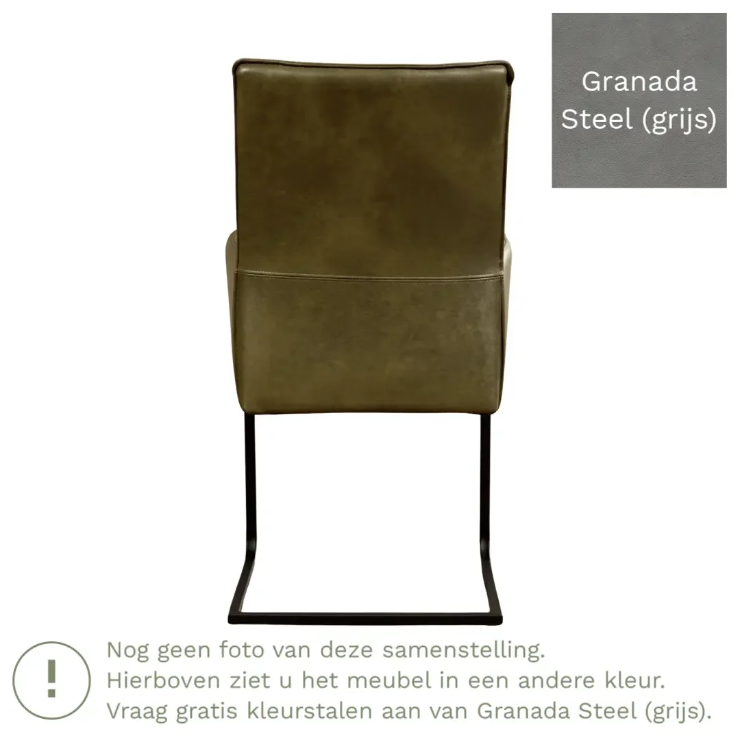 afbeelding van Leren eetkamerstoel Ruler - Granada Steel (grijs) - Sledepoot staal vierkant zwart