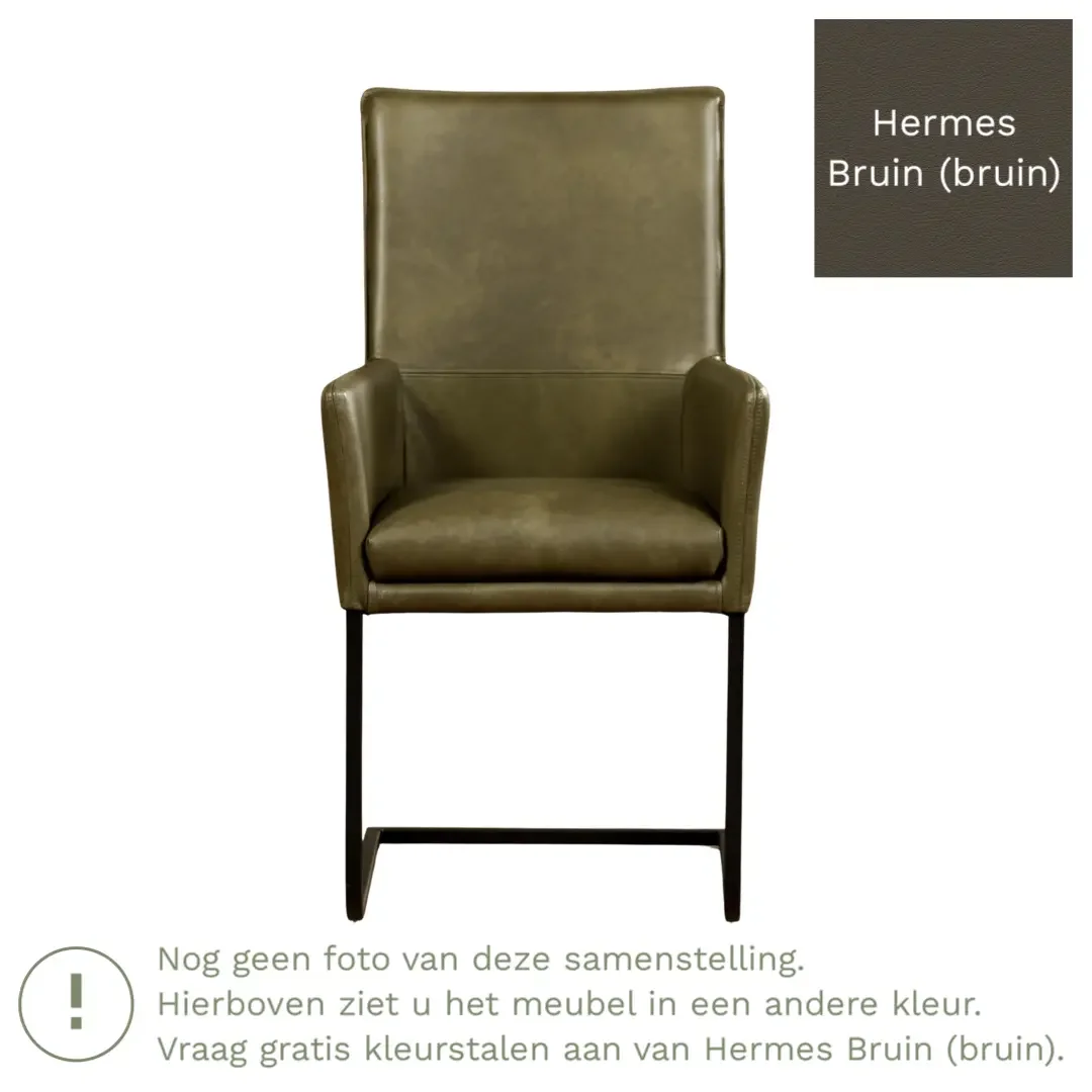 afbeelding van Leren eetkamerstoel Ruler - Hermes Bruin (bruin) - Sledepoot staal vierkant RVS