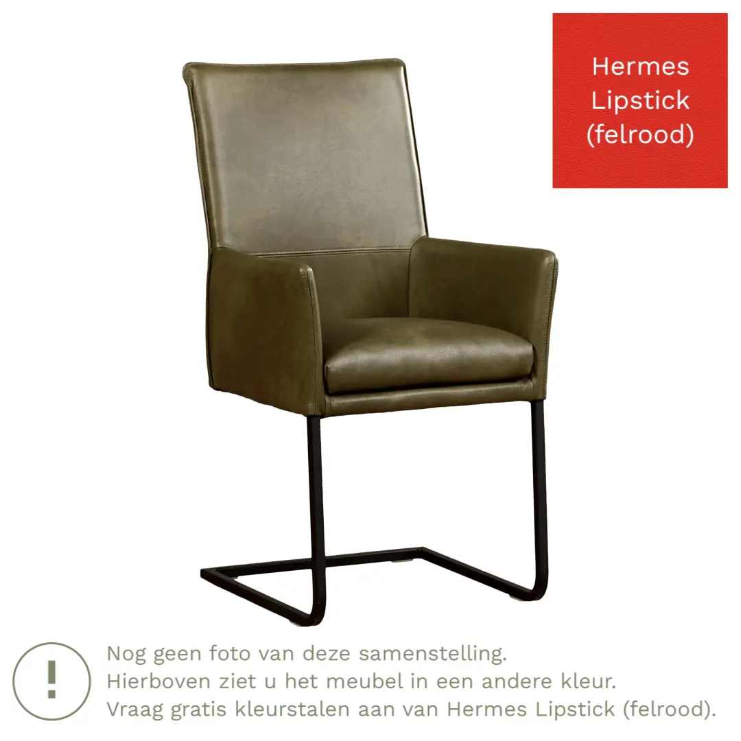 afbeelding van Leren eetkamerstoel Ruler - Hermes Lipstick (felrood) - Sledepoot staal vierkant zwart