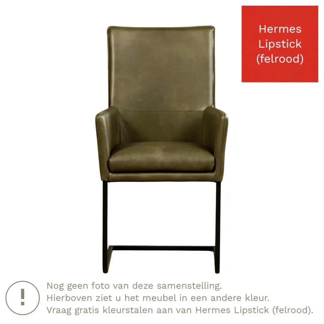 afbeelding van Leren eetkamerstoel Ruler - Hermes Lipstick (felrood) - Sledepoot staal vierkant zwart