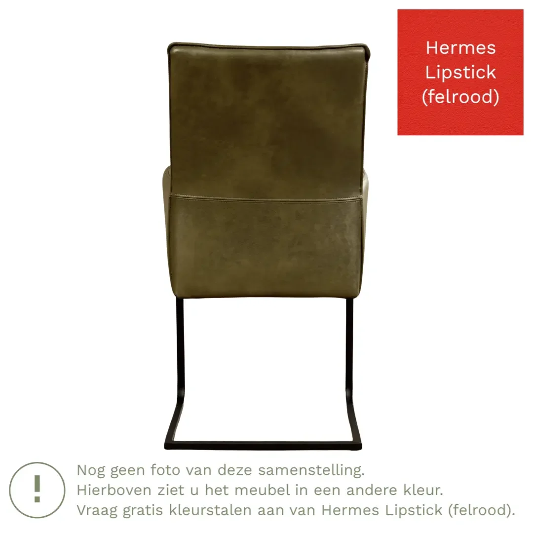 afbeelding van Leren eetkamerstoel Ruler - Hermes Lipstick (felrood) - Sledepoot staal vierkant zwart