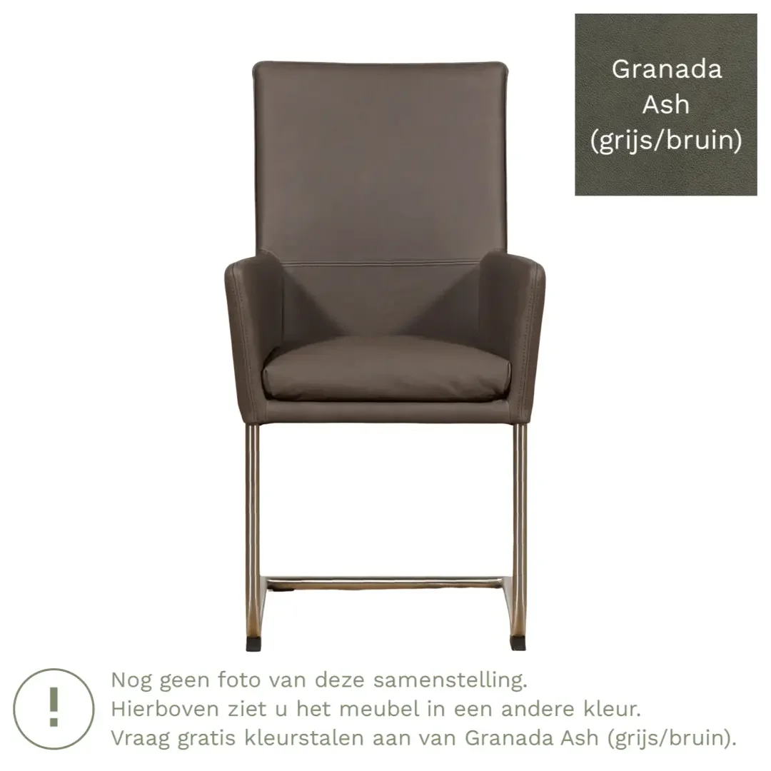 afbeelding van Leren eetkamerstoel Rumor - Granada Ash (grijs/bruin) - Sledepoot staal rond RVS