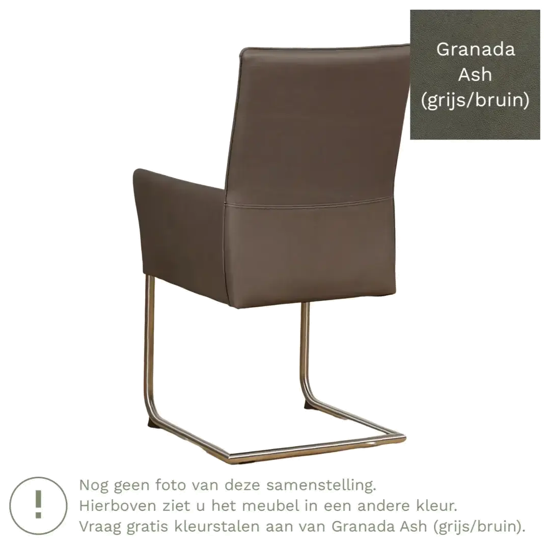 afbeelding van Leren eetkamerstoel Rumor - Granada Ash (grijs/bruin) - Sledepoot staal rond zwart