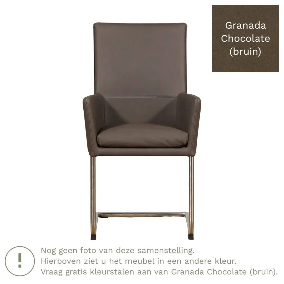 afbeelding van Leren eetkamerstoel Rumor - Granada Chocolate (bruin) - Sledepoot staal rond RVS