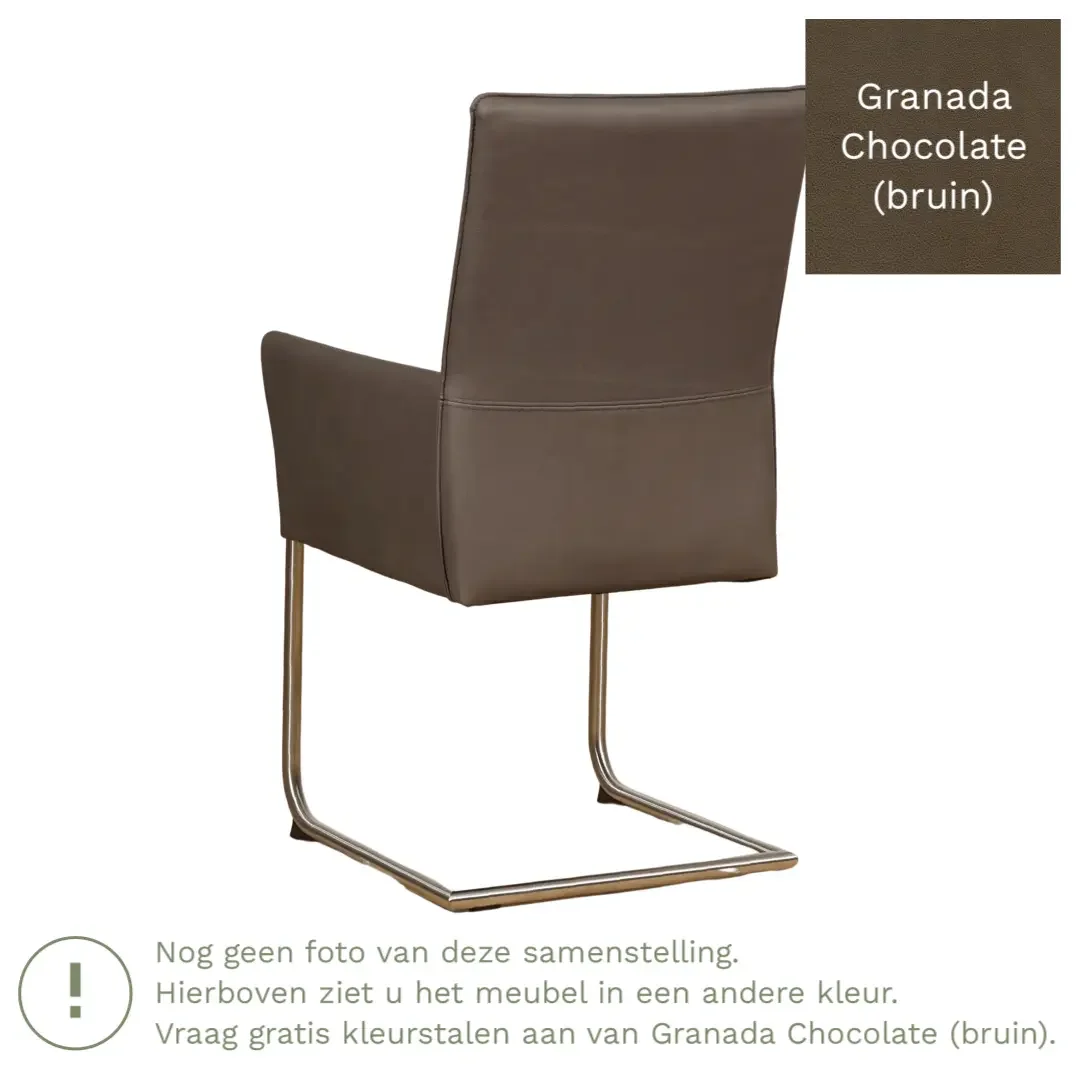 afbeelding van Leren eetkamerstoel Rumor - Granada Chocolate (bruin) - Sledepoot staal rond RVS
