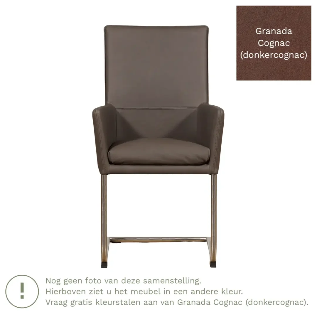 afbeelding van Leren eetkamerstoel Rumor - Granada Cognac (donkercognac) - Sledepoot staal rond RVS